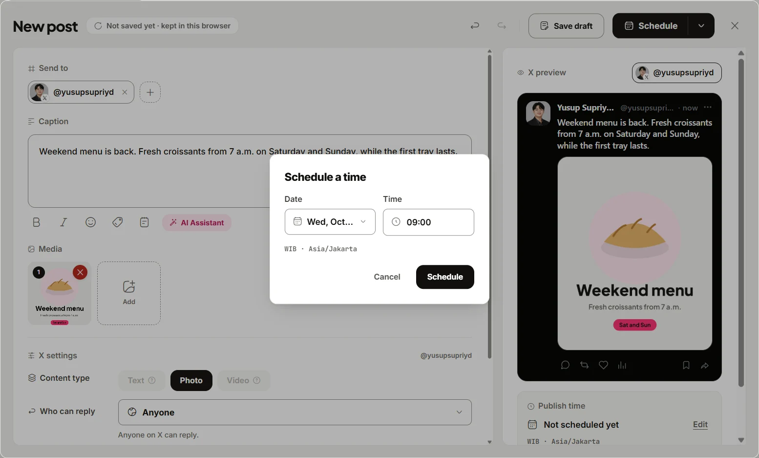 The eksis composer with a photo post for X, Who can reply set to Anyone, and the Schedule a time dialog set to Wednesday at 09:00