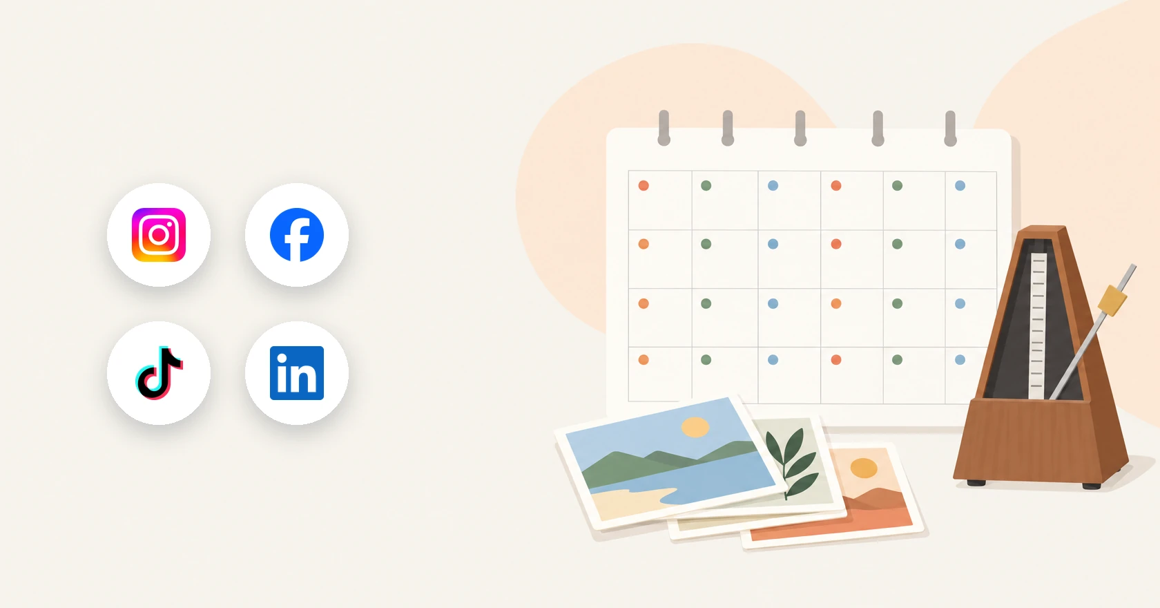 Illustration of the Instagram, Facebook, TikTok, and LinkedIn logos beside a monthly calendar with evenly spaced dots, a metronome, and a stack of photo cards.