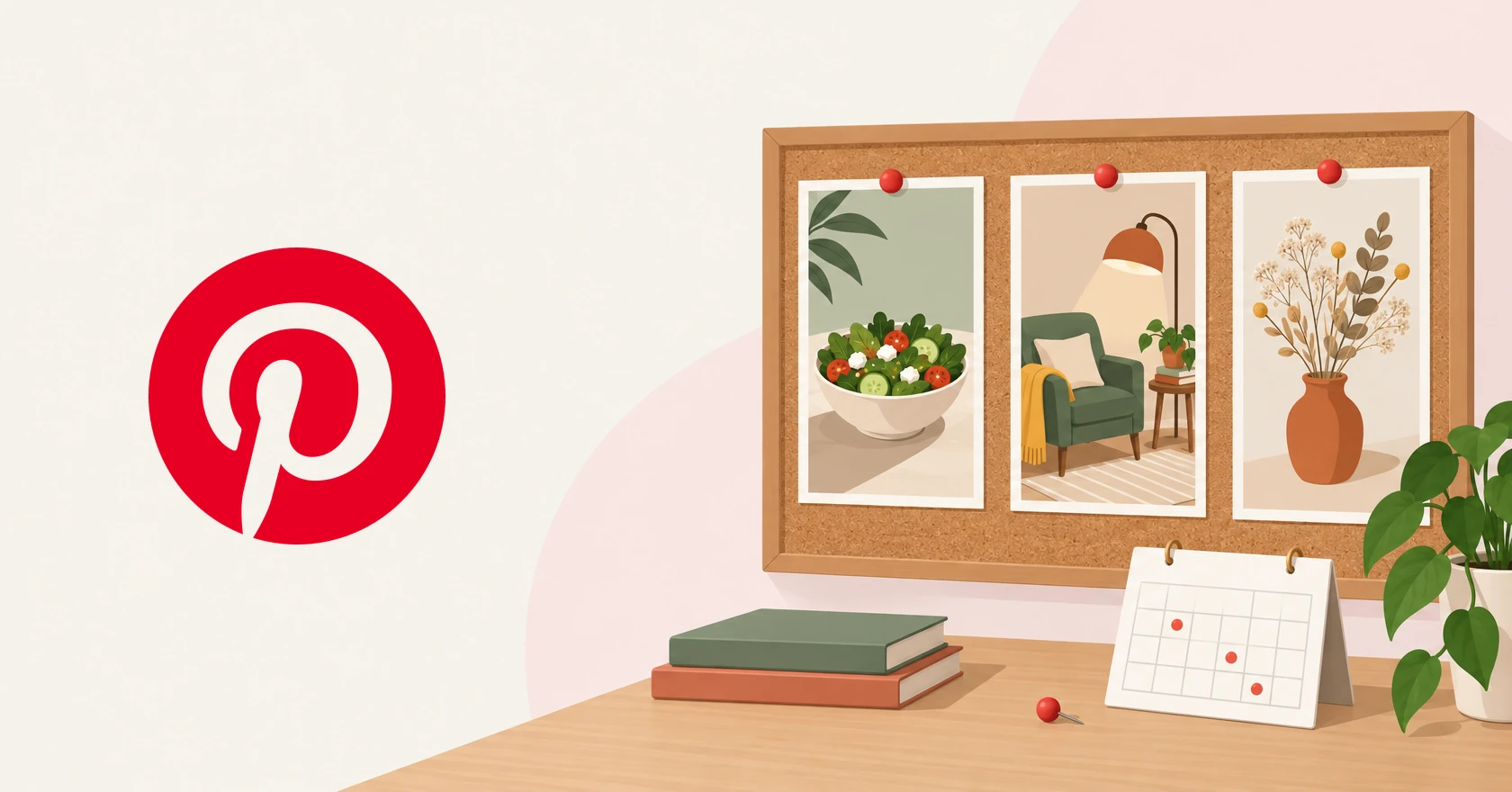 Illustration of the Pinterest logo beside a cork board with three tall pinned pictures of a salad, a reading chair, and a vase, above a desk calendar with three days dotted.