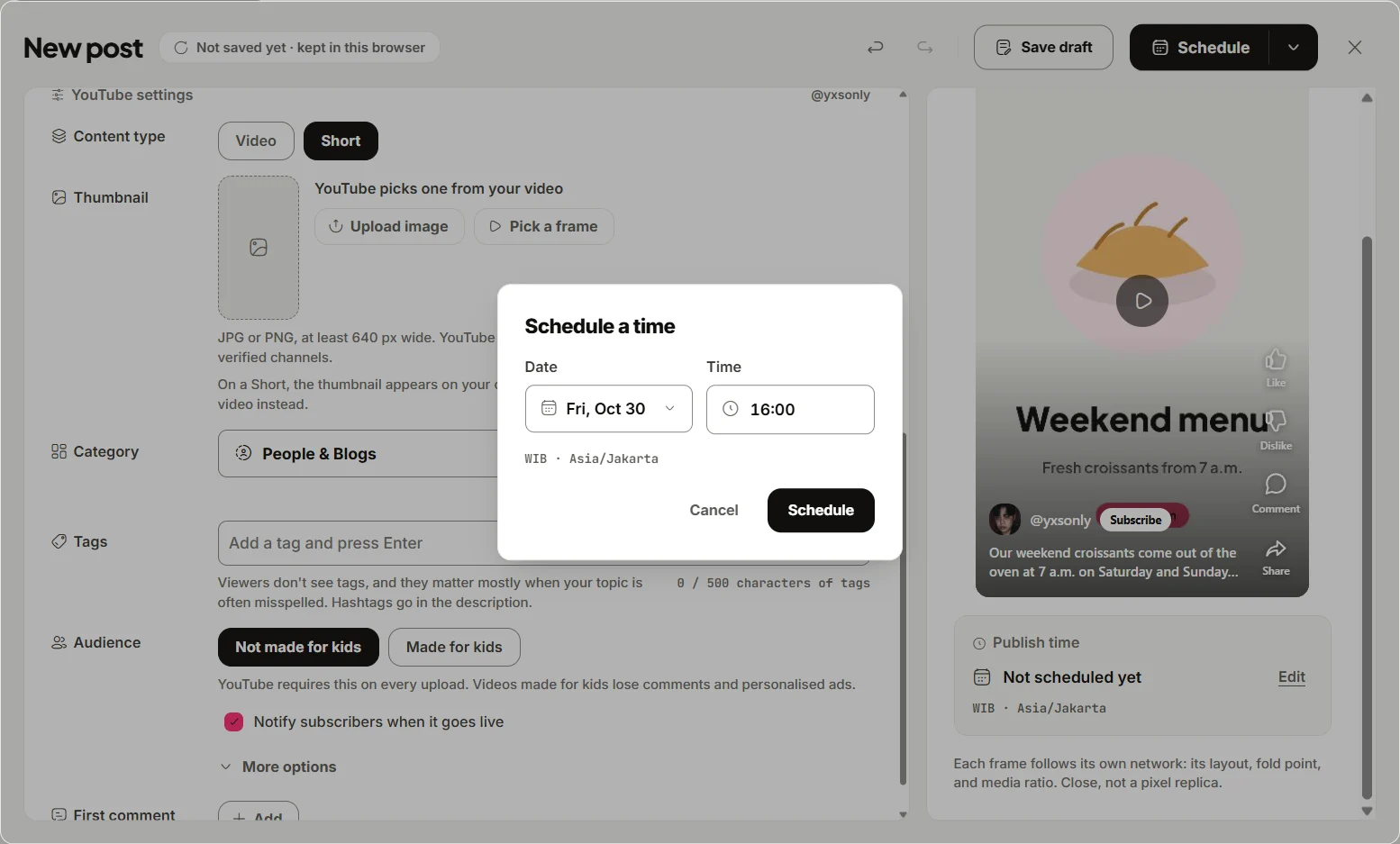The eksis composer with a YouTube Short and the Schedule a time dialog set to Friday, October 30 at 16:00 in the Asia/Jakarta time zone