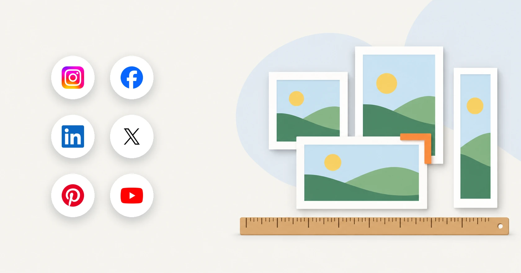 Illustration of the Instagram, Facebook, LinkedIn, X, Pinterest, and YouTube logos beside photo frames in square, portrait, landscape, and tall shapes over a ruler.