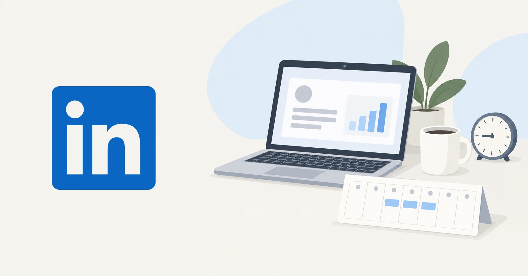 Illustration of the LinkedIn logo beside a laptop showing a post with a bar chart, a coffee mug, a desk clock at about nine, and a weekly calendar with midweek slots.