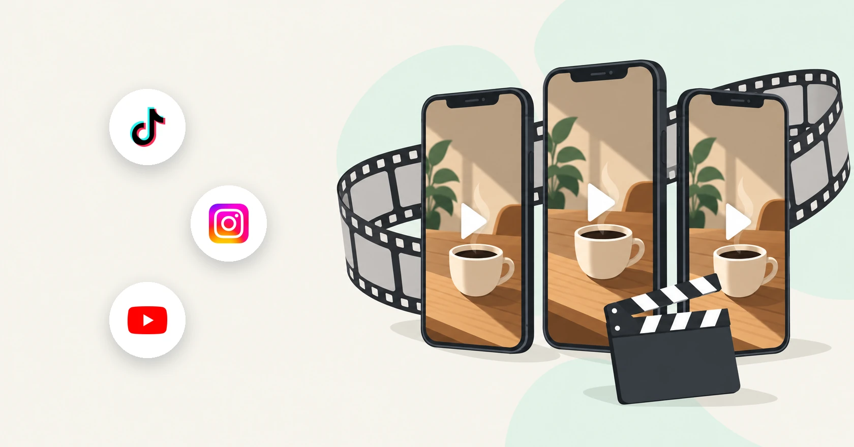 Illustration of the TikTok, Instagram, and YouTube logos beside three phones playing the same vertical video, linked by a film strip, with a clapperboard.