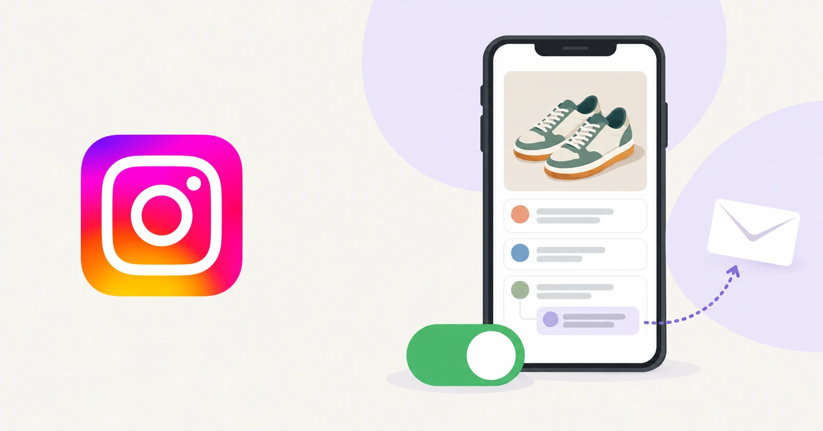 Illustration of the Instagram logo beside a phone showing a post with comments, one reply linked by a dotted arrow to an envelope, and a green toggle switched on.