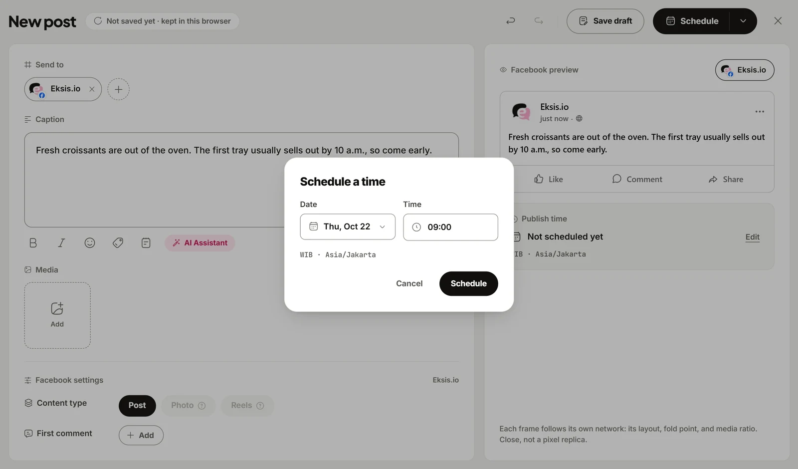 The eksis composer with a Facebook post for a Page and the Schedule a time dialog set to Thursday, October 22 at 09:00 in the Asia/Jakarta time zone