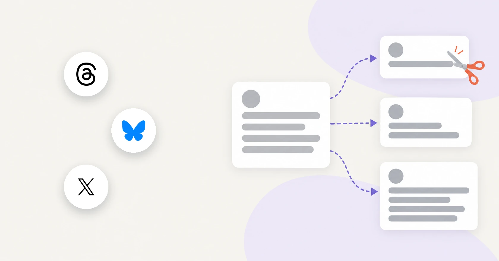 Illustration of the Threads, Bluesky, and X logos beside one post card branching into three shorter cards, with scissors trimming the shortest one.